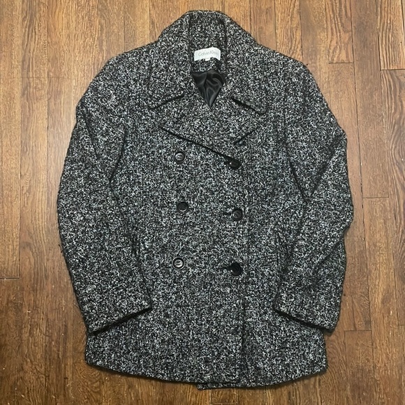 Calvin Klein Tweed Wool Black and White Peacoat Jacket Size 10 Petite - Picture 1 of 7
